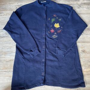 Fall Cardigan Grandma Women's L Navy Blue Leaves